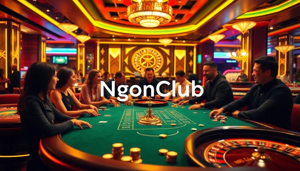 Exciting poker game at NgonClub, showcasing players and vibrant casino atmosphere.