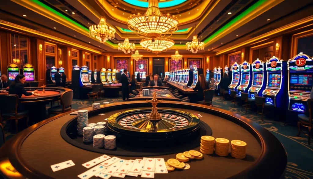 Experience thrilling gaming at https://vaobet.cn.com/ with vibrant casino tables, poker chips, and players enjoying the excitement of gambling.