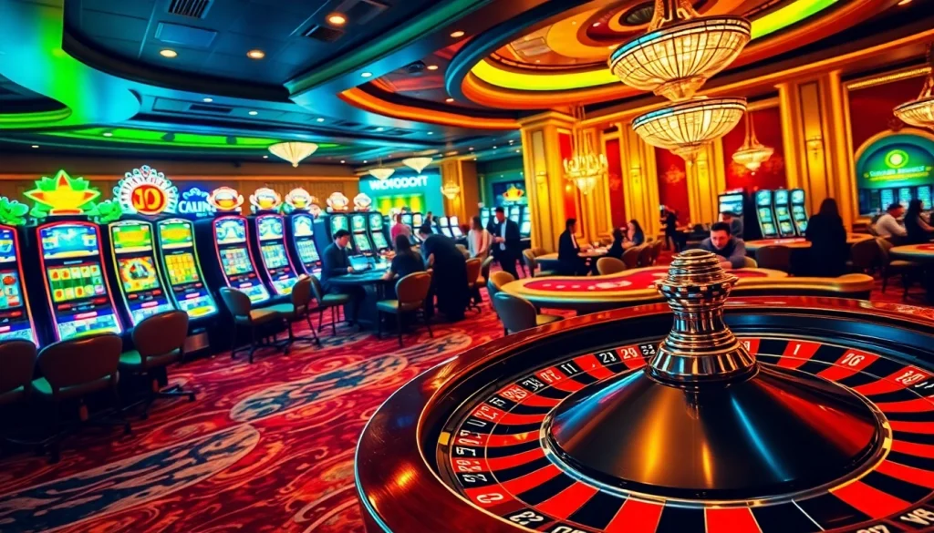 Experience thrilling gameplay at NgonClub's vibrant casino floor, featuring slot machines and poker tables.